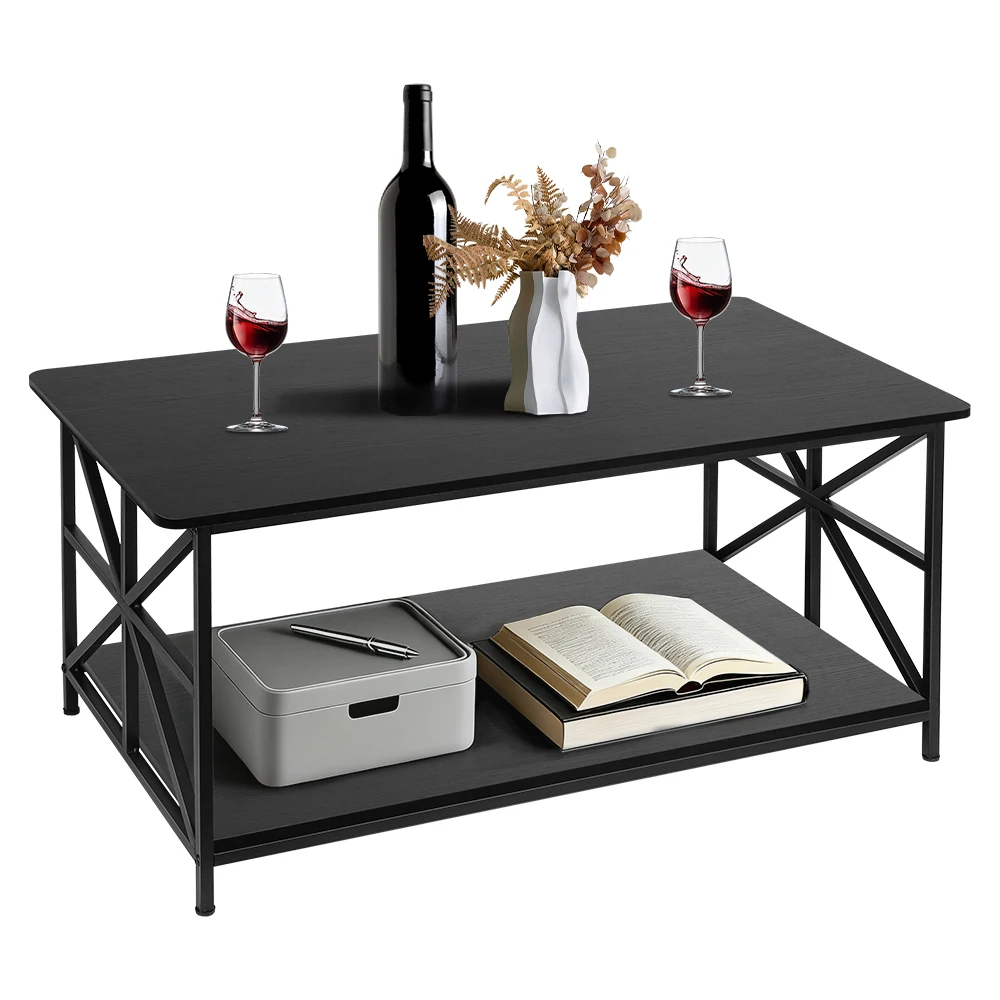 Stolik kawowy prostokątny, stolik kawowy do salonu z dolną półką, stolik pomocniczy, drewniany stolik do salonu z 2 poziomami przechowywania