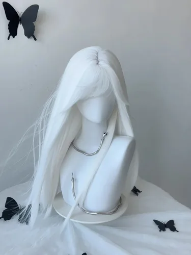 Peluca blanca con flequillo, pelucas de pelo largo y liso, peluca sintética de 28 pulgadas para mujer, pelucas de Cosplay de fibras resistentes al calor, pelucas Lolita