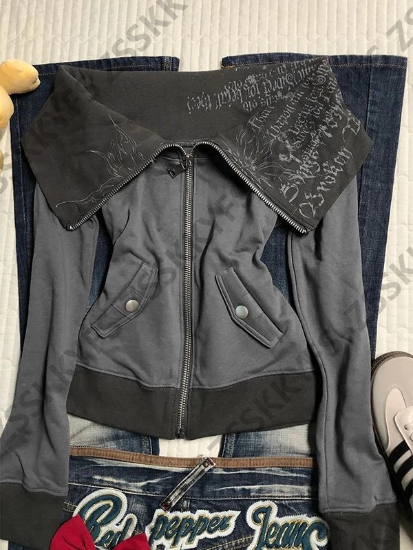 معطف فاسق بسحاب قوطي عتيق بدون أكتاف Y2k ملابس شارع ضيقة جمالية هاراجوكو 2000s سترة شتوية مطبوعة بأحرف أنيقة