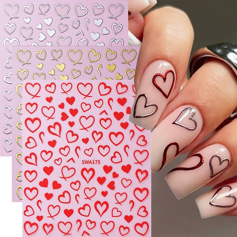 3Pcs Love Heart Nail Stickers, Red Gold Silver Bronzing Nail Decals, DIY Adhesive Slider for Valentine's Manicure Decoration