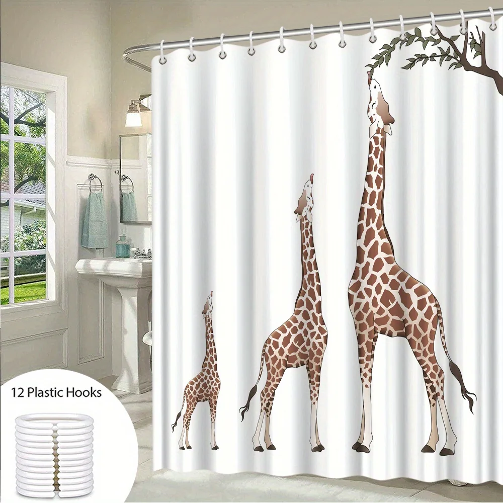 1pc Three Giraffes Shower Curtain, minimalist digital drawing of giraffes in various heights on white background, playful wildli