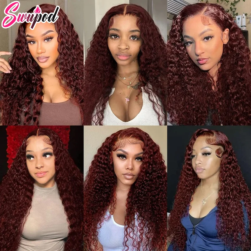 Swupod 13x4 13x6 200 Density Transparent HD Lace Front Wig for Women Deep Wave Remy Human Hair 33# Reddish Brown Color Glueless