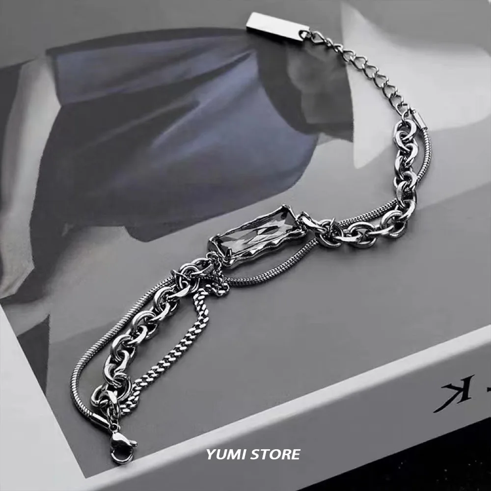 Trend Black Zircon Titanium Steel Bracelet For Men Women Korea Kpop Silver Color Geometric Splice Chain Bracelet Unisex Jewelry