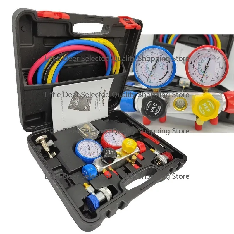 Auto Air Conditioning Pressure Manifold Pressure Gauge Hose Kit for R-410A R-134a R-404A Refrigerant Pressure Gauge Set with Box