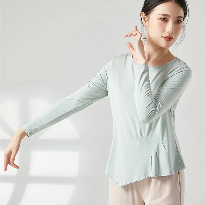 여성용 모던 댄스 연습 상의, 긴팔 셔츠, 불규칙한 밑단, 체육관 요가 훈련 댄스웨어, 크루넥 공연 캐주얼 의류