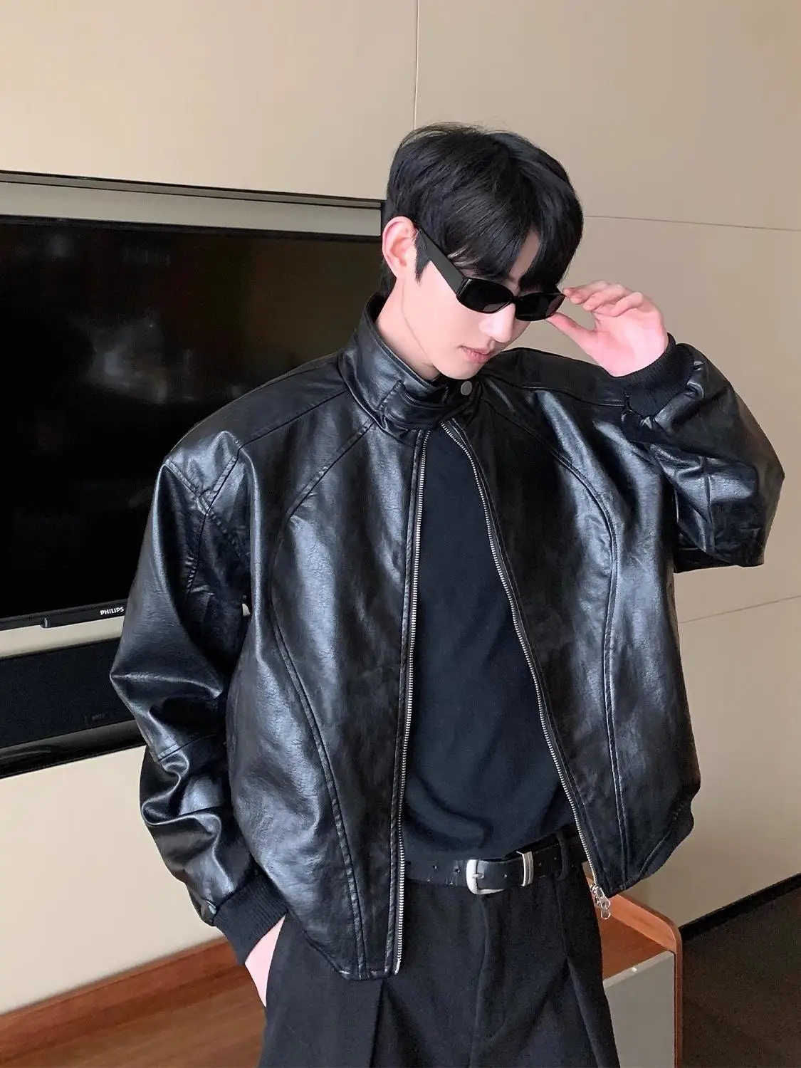 

Black Short PU Leather Jacket Shoulder Padded American Style Men's Loose Fit High Street Motorcycle Outerwear Coat