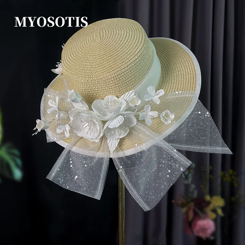 New Fashion Women Lady Sun Beach Wide Brim Straw Visor Hat Cap with Flower Bowknot Decoration