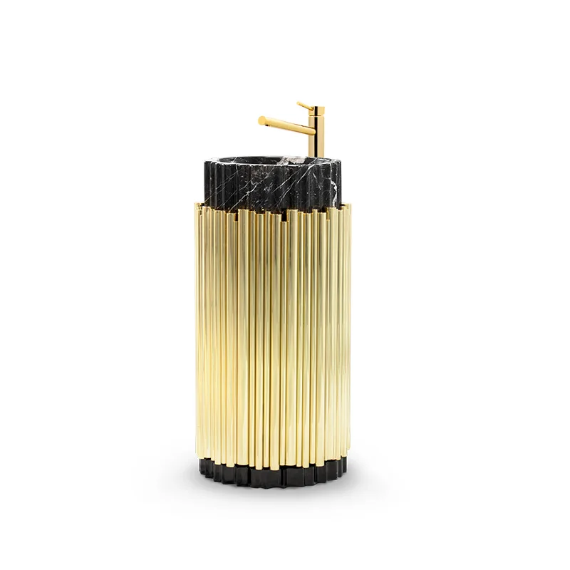 *Contemporary Modern Freestanding Bathroom Washstand with Gold Stainless Steel Frame and Natural Black Marble Sink