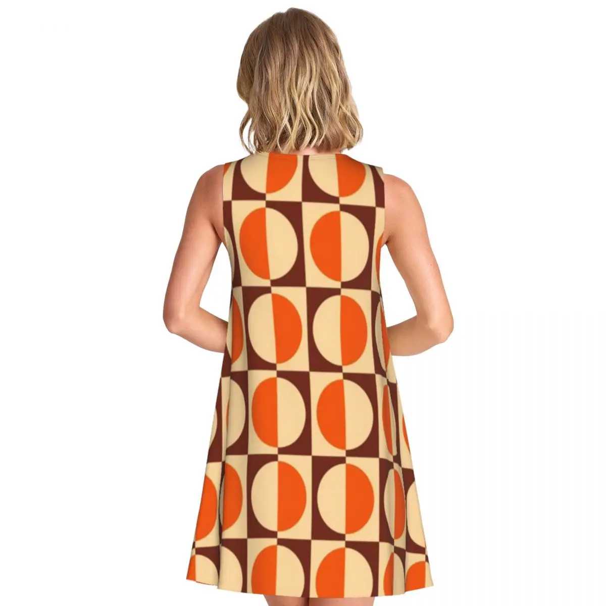 70s Retro Vintage Style Geometric Design Orange Brown And Beige Women's Sleeveless Spring Outing Sundress Dark Exhibition Dress