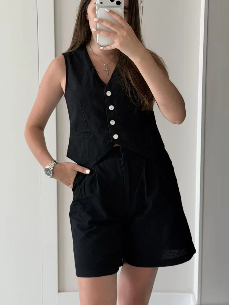 FSMG Casual Cotton Linen Suit Sleeveless Vest Shorts Set Summer Women's Sense V-Neck Suit Vest Wide Leg Half Pants Two-Piece Set