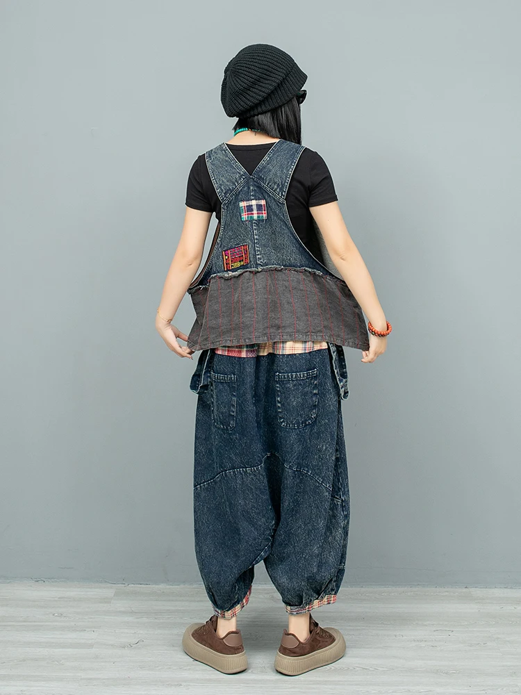 Vintage Denim Patchwork Plaid Camisole Vest + Hanging Crotch Pants Two-piece Set Women 2024 Autumn Stylish Pant Set LX2401