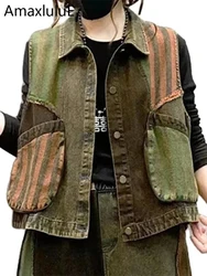 Amax luluE 2025 Spring Vintage Sleeveless Clothes Womens Fashion Loose Striped Denim Vest Ladies Casual Coats Classic Waistcoats