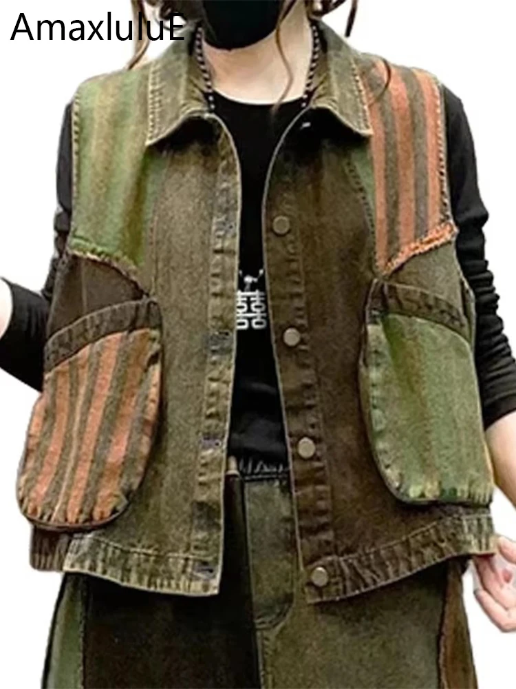 Amax luluE 2025 Spring Vintage Sleeveless Clothes Womens Fashion Loose Striped Denim Vest Ladies Casual Coats Classic Waistcoats
