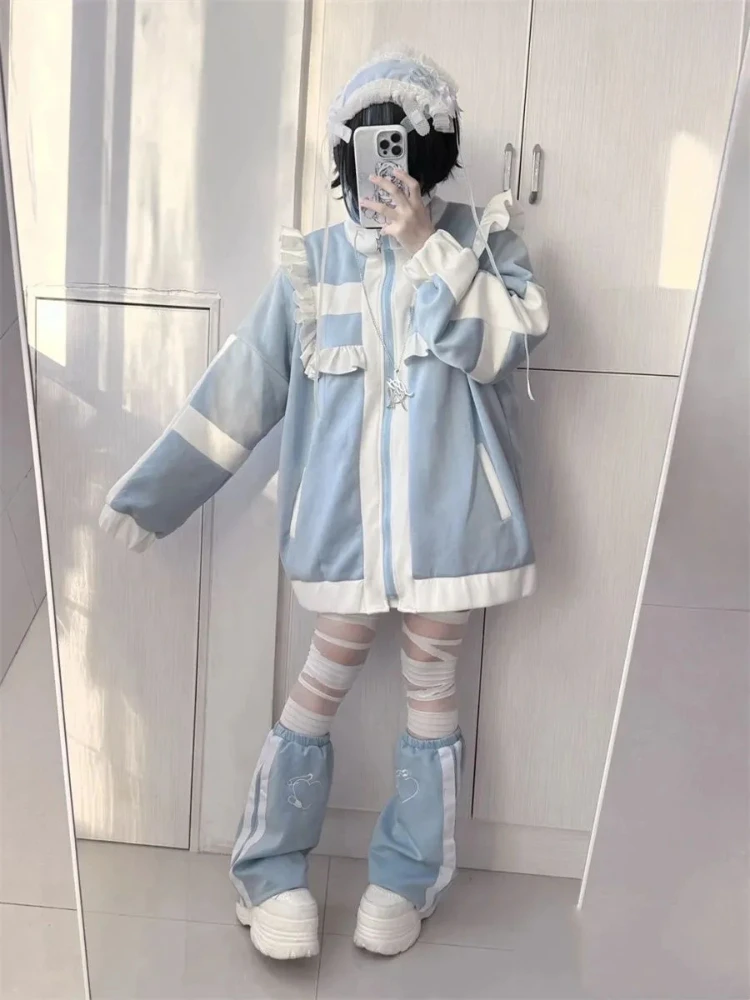 Japanese Y2K aesthetic Lolita style women's Harajuku style zip-up sweatshirt loose jacket autumn decadent casual ruffled patchwo