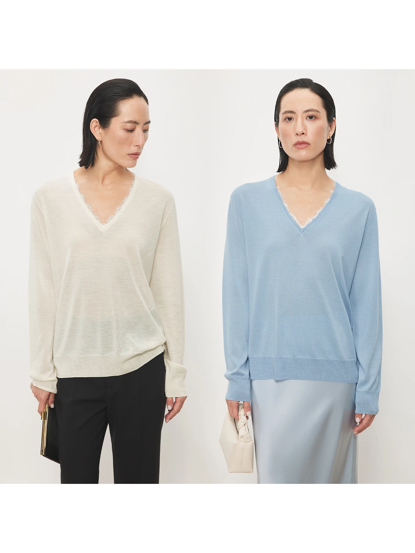 

Heavyweight Silk Wool Blend V-Neck Lace Trim Knit Sweater French Style Loose Fit Medium Softness Wool Blend Casual Long Sleeve