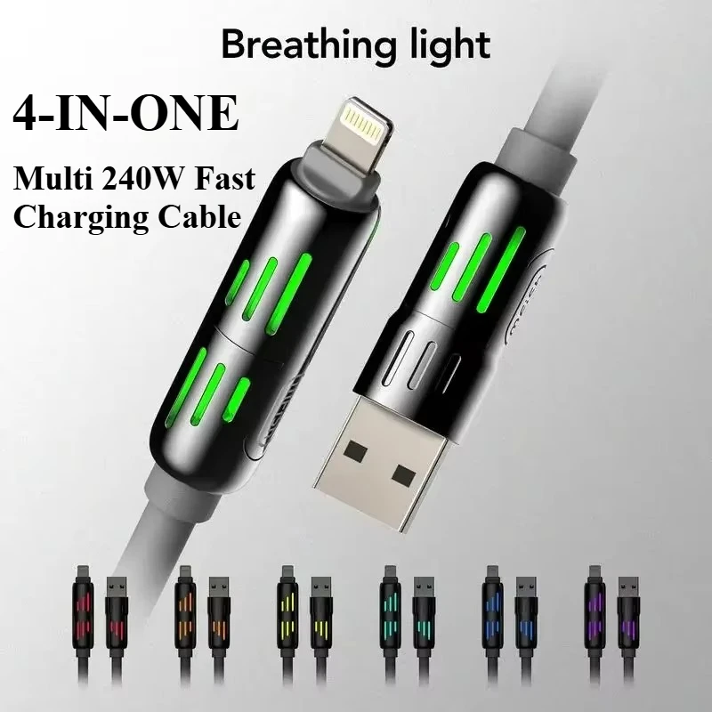 USB、Type C, lightning-Max 240W Fast Charging and Data Sync MFISH 4-in-1 Multi-Function USB Charging Cable for iPhone 16/15, iPad