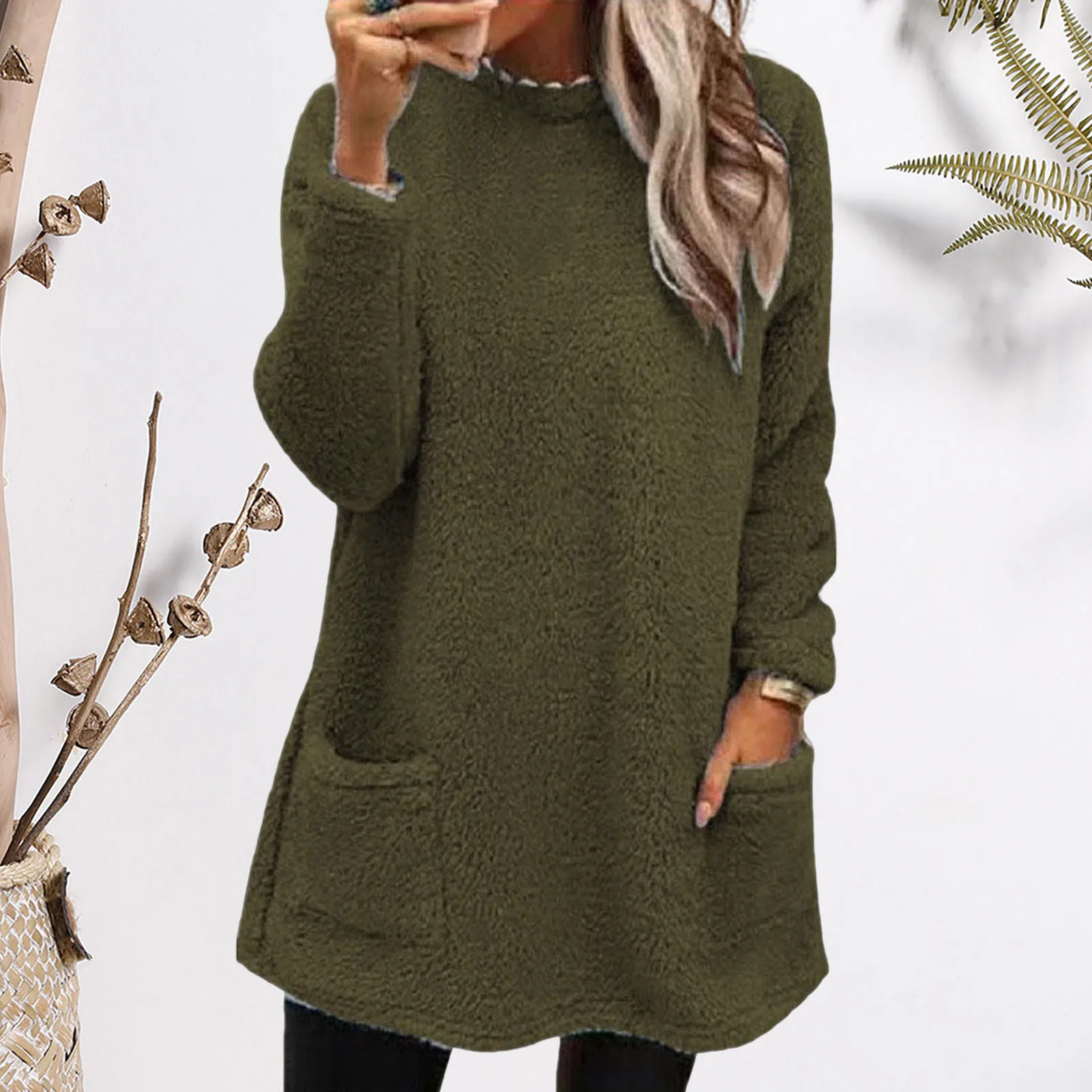 Damessweatshirt met bedrukte zakken Trendy dameswintersweatshirt Zachte warme trui met zak Top met ronde hals en lange mouwen