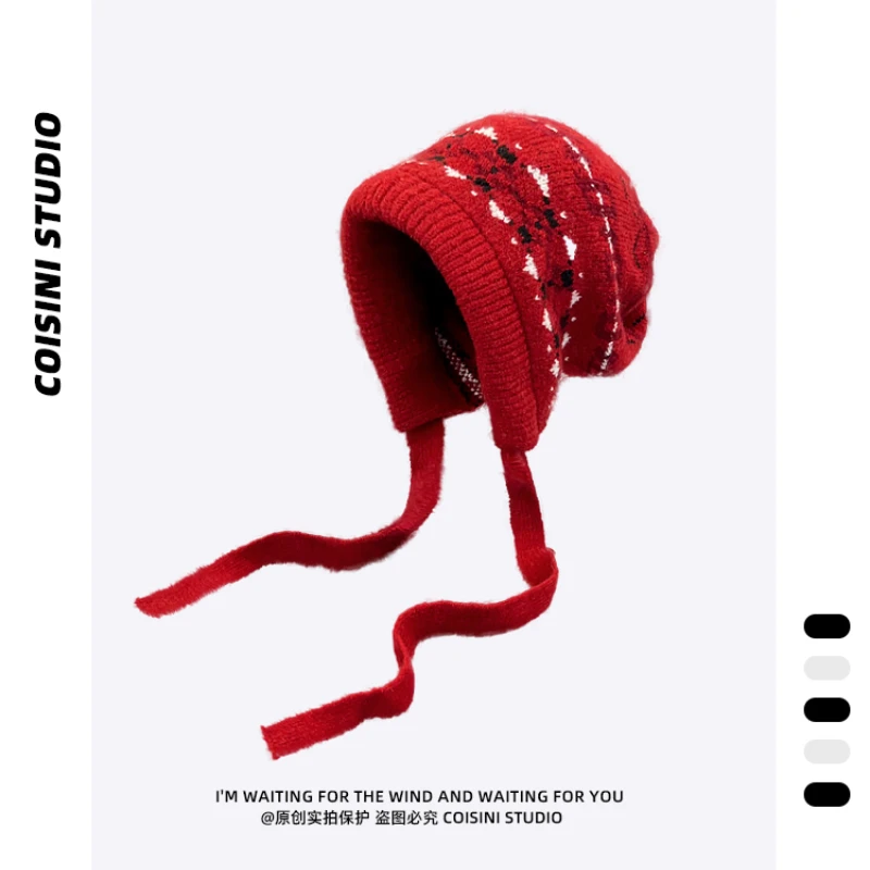 Retro Christmas Red Jacquard Beanies Cap for Women Autumn and Winter Outdoor Warm Fashion Versatile Sweet Strap Pullover Hat