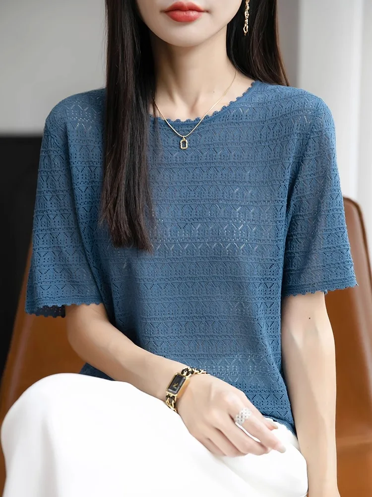 New 2025 Women's Silk Short Sleeve T-Shirt Knitted Loose Fit round Neck Maternity Top Moisture Wicking Color Commute Style