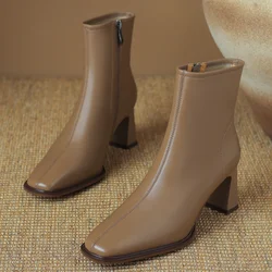 Women's sheepskin 6.5cm thick high heel side zip autumn ankle boots elegant ladies slim daily dress short boots shoes for woman