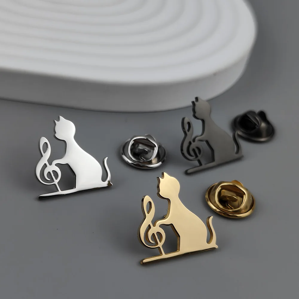 316L Stainless Steel 18K Gold Plated Cat Treble Clef Lapel Pin Musical Note Kitten Brooch Suit Collar Pin Fashion Jewelry Gift