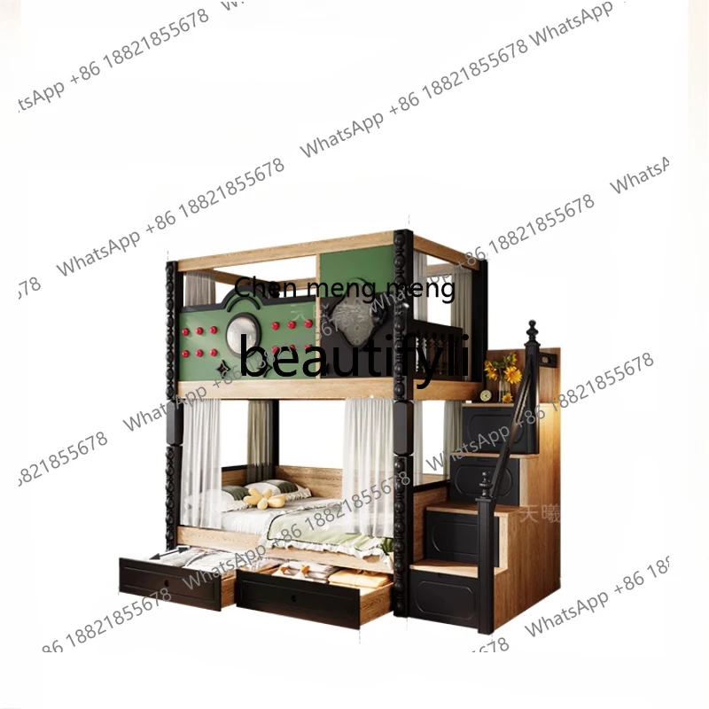 

upper and lower double-layer multi-functional all-solid wood child and mother slide bed upper and lower bunk sister bed double H