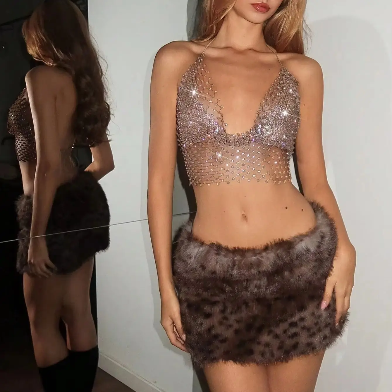 Women Sexy Deep V Neck Tassel Tank Top Shiny Rhinestone Mesh Hollow See Through Backless Camisole Summer Beach Party Crop Tops