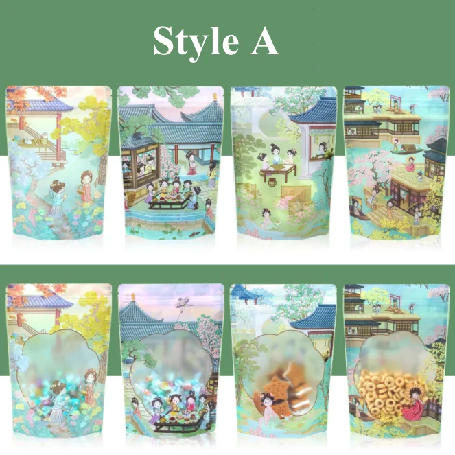 100PCS Stand-up Plastic Cartoon Ziplock Window Packaging Bag DIY Logo Sugar Candy Snack Drip Coffee Beaf Gift Storage Pouches