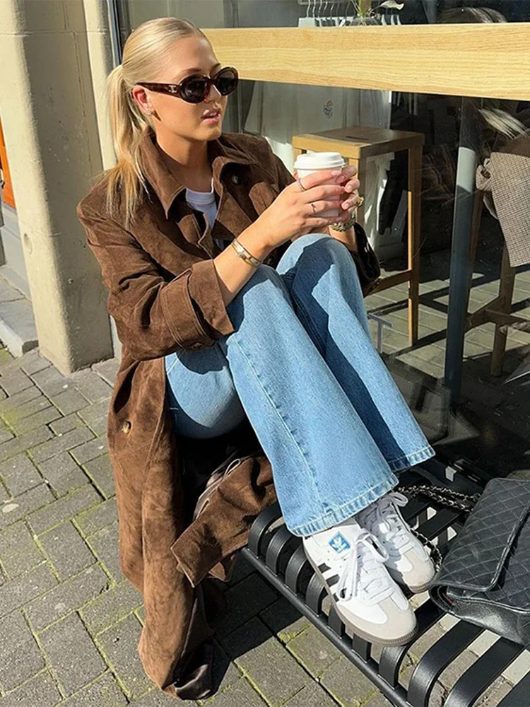

Vintage Suede Long Women's Jacket Casual Lapel Single Breasted Lace up Coats Jackets Autumn Fashion Women Coat Retro Outerwear