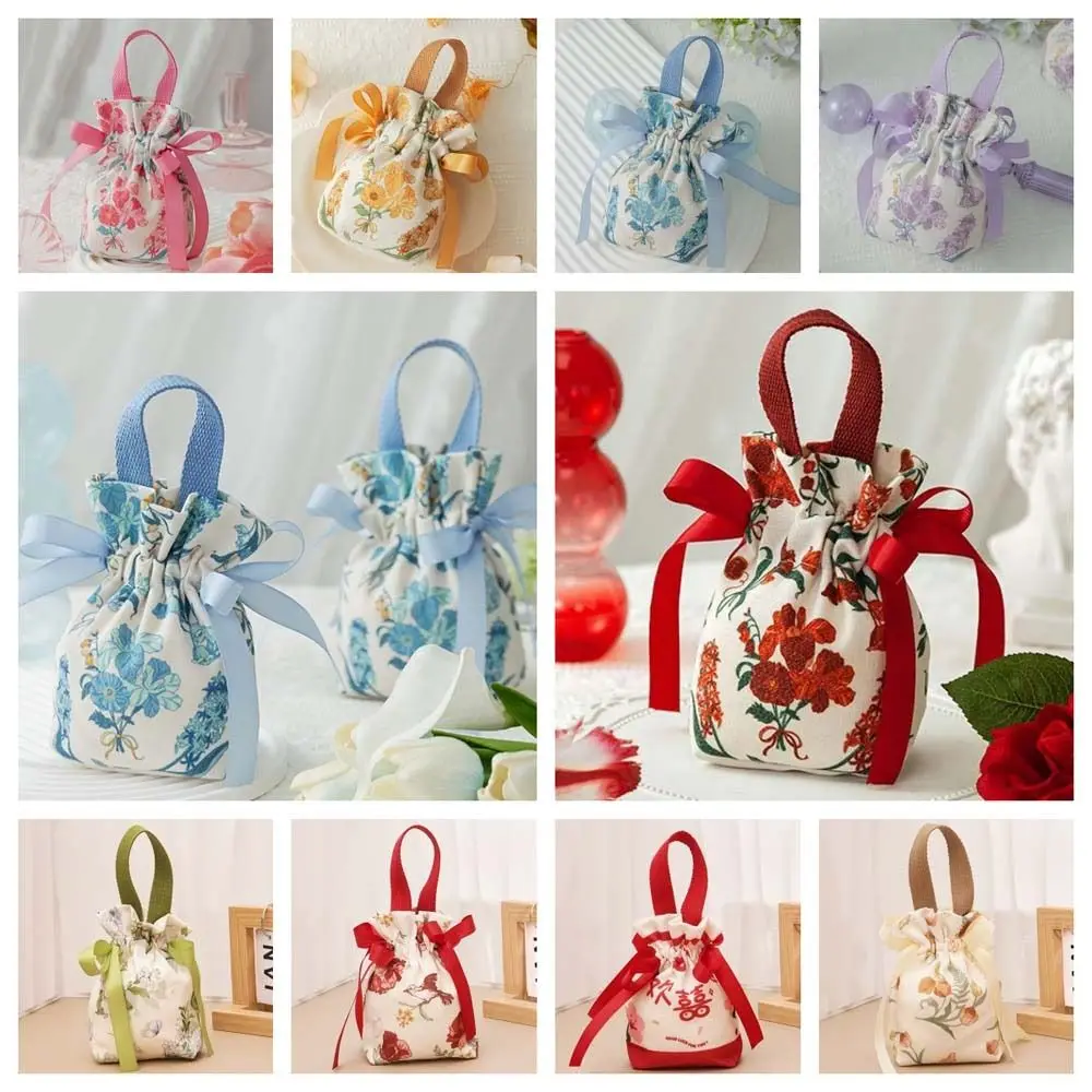 Bird Canvas Drawstring Bag Floral Large Capacity Small Flower Wrist Bag Bucket Bag Wedding Candy Bag Bowknot Handbag Festival