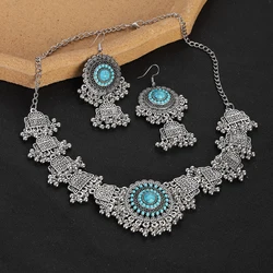 Boho Vintage Blue Beads Turquoises Jewelry Sets Bridal Silver Plated Geometric Carving Necklace Earrings Women Anniversary Gifts