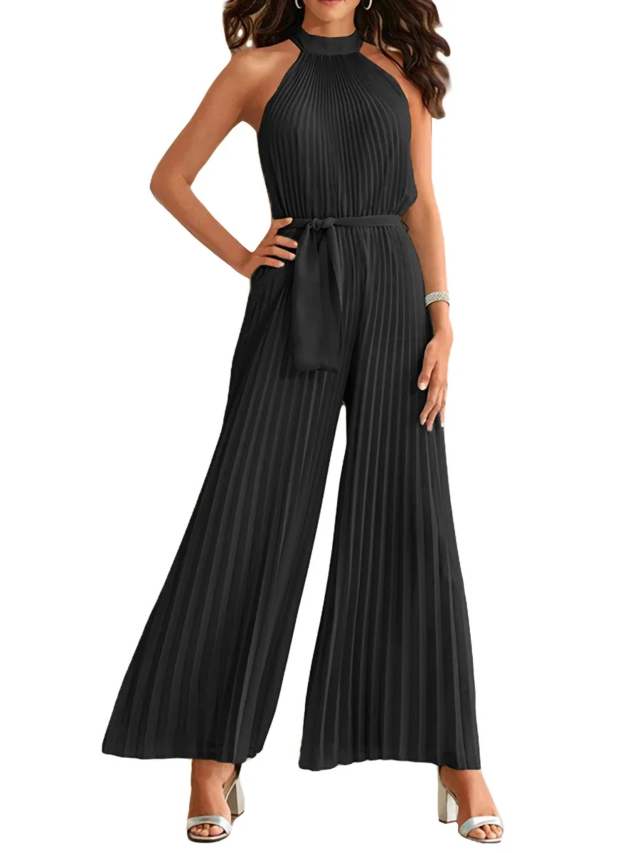 Women acute Suit Elegant Fashion Solid Color Sleeveless Back Keyhole Waist Bandage Pleated Wide-Leg Jumpsuit 2024 New Streetwear