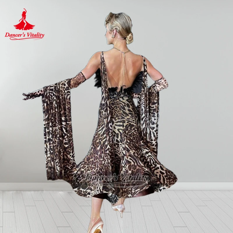 الرقص الاجتماعي الحديث الفاخرة AB الحجارة بلا أكمام ليوبارد طباعة حبال فساتين راقصة حيوية الفالس فوكستروت الملابس حسب الطلب #2
