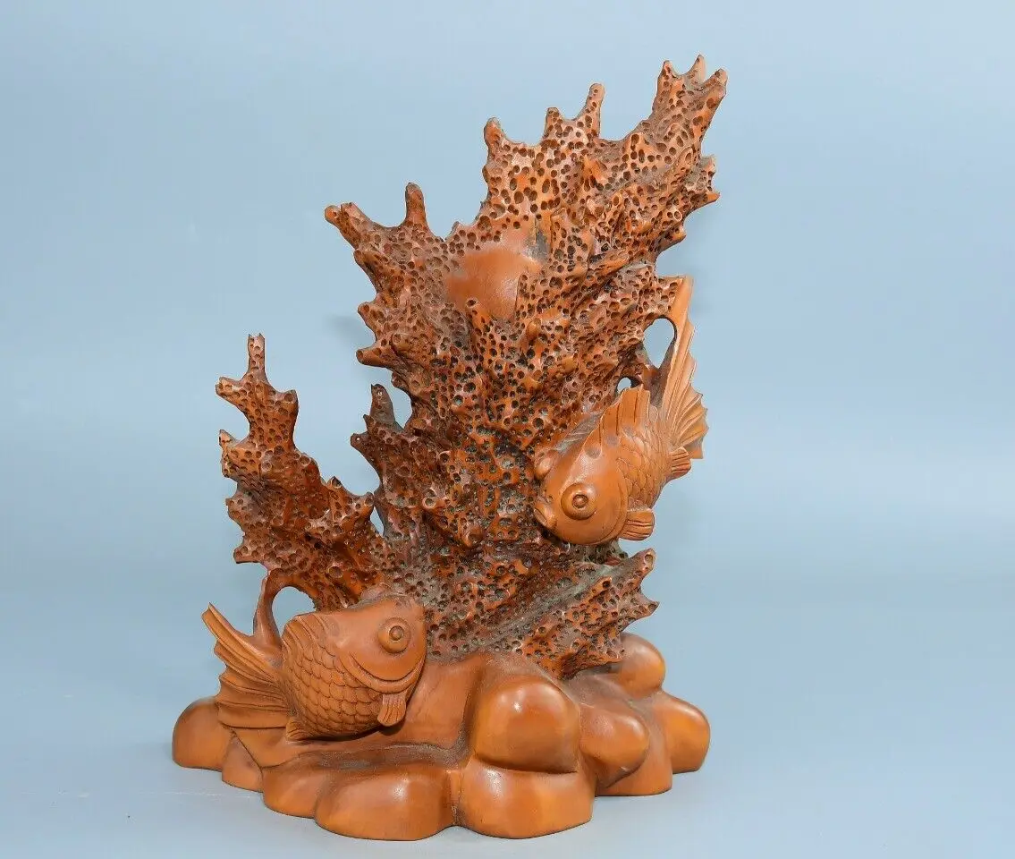 China Natural Boxwood Beautiful Carving Coral Fish Statue Living Room Decor Art