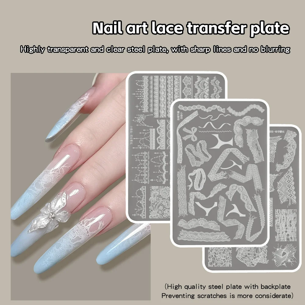 Nagelkunst-Stempelplatte aus Tüll und zerrissener Spitze, Nagelkunst-Bildstempelblatt, zarte Spitze, hochwertiger Spitzenbesatz, Stempelstahl – Detail 4