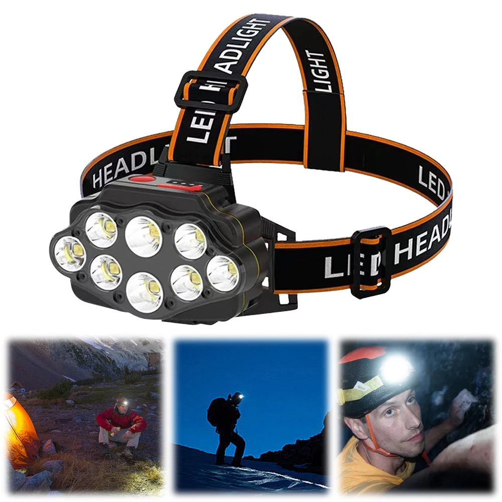 8LED โคมไฟหัวสว่างสูง USB ชาร์จ Camping ค้นหาแสงจอแสดงผลไฟฉายคาดศีรษะกลางแจ้งสําหรับเดินป่าตั้งแคมป์กลางแจ้ง