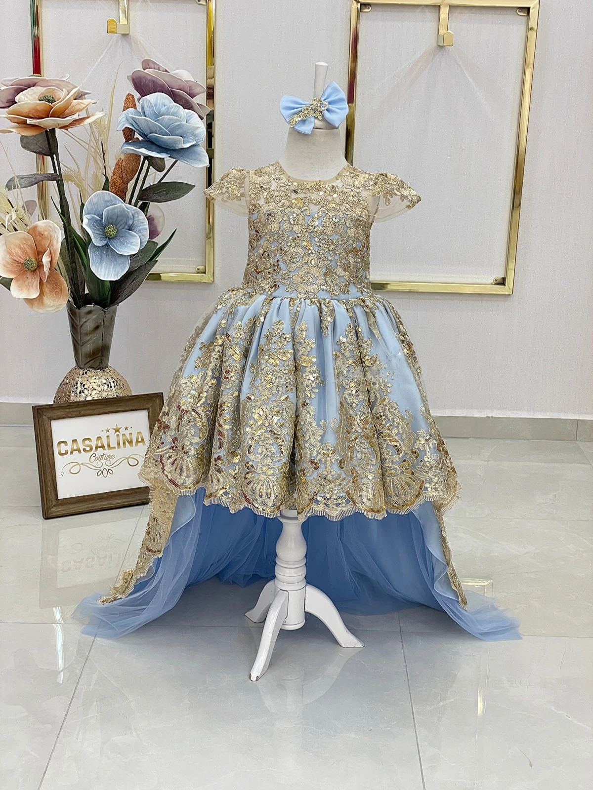 Lindo vestido da menina de flor blush ouro rendas príncipes comprimento total inchado crianças presente aniversário primeira comunhão vestidos vestidos noite