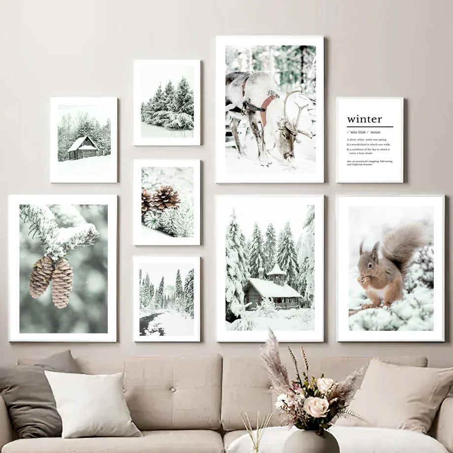 

Snow House Pine Forest Deer Squirrel Winter Art Canvas Painting Nordic Posters And Prints Wall Pictures For Living Room Decor