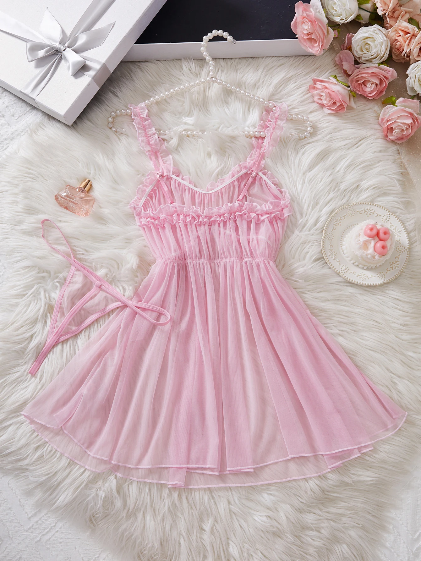 Transparent Babydoll Sexy Pink Porn Night Dress Lingerie Hot Women Sleepwear New Lace Pajama Set + Thong Sex Seductive Nightgown