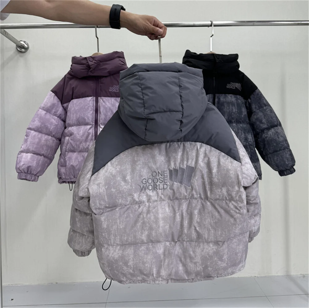 2024 Winter Children\'s Down Jacket Thickened Down Jacket for Boys And Girls Tie Dyeing Color blocked Hooded Down Jacket 24285