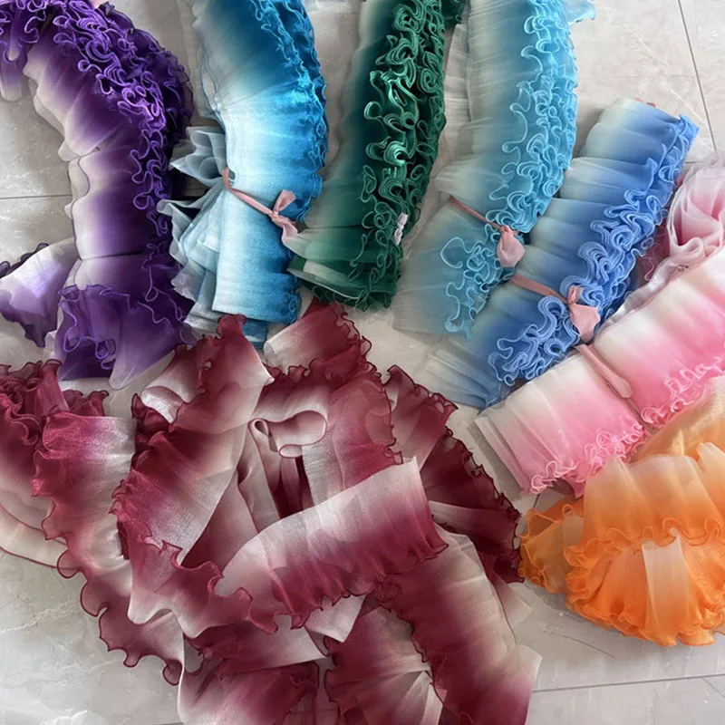 5Yards Gradient Pleated Lace Fabric Ribbon Mermaid Ruffled Organza Border for Sewing Skirts Dress Wedding Clothing Lace Trim New