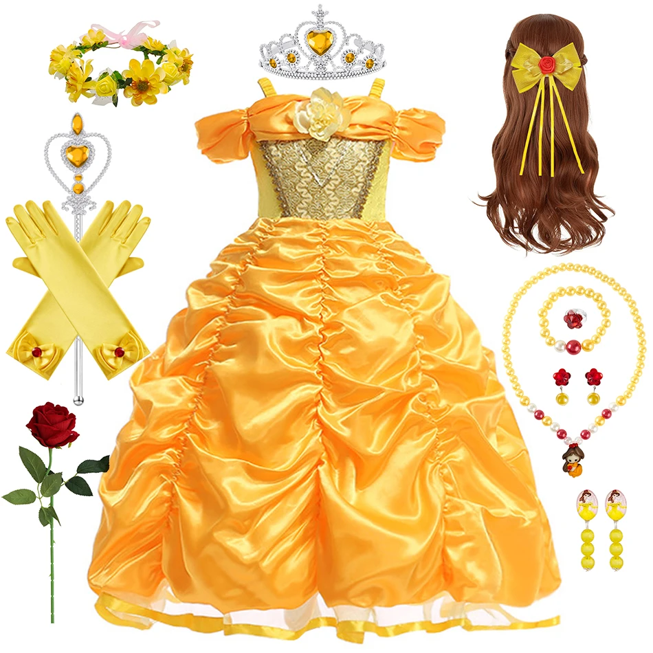 Girls Costume Belle Cosplay Princess Dress Beauty Beast Kid Carnival Halloween Birthday Party Outfits Children Elegant Ball Gown