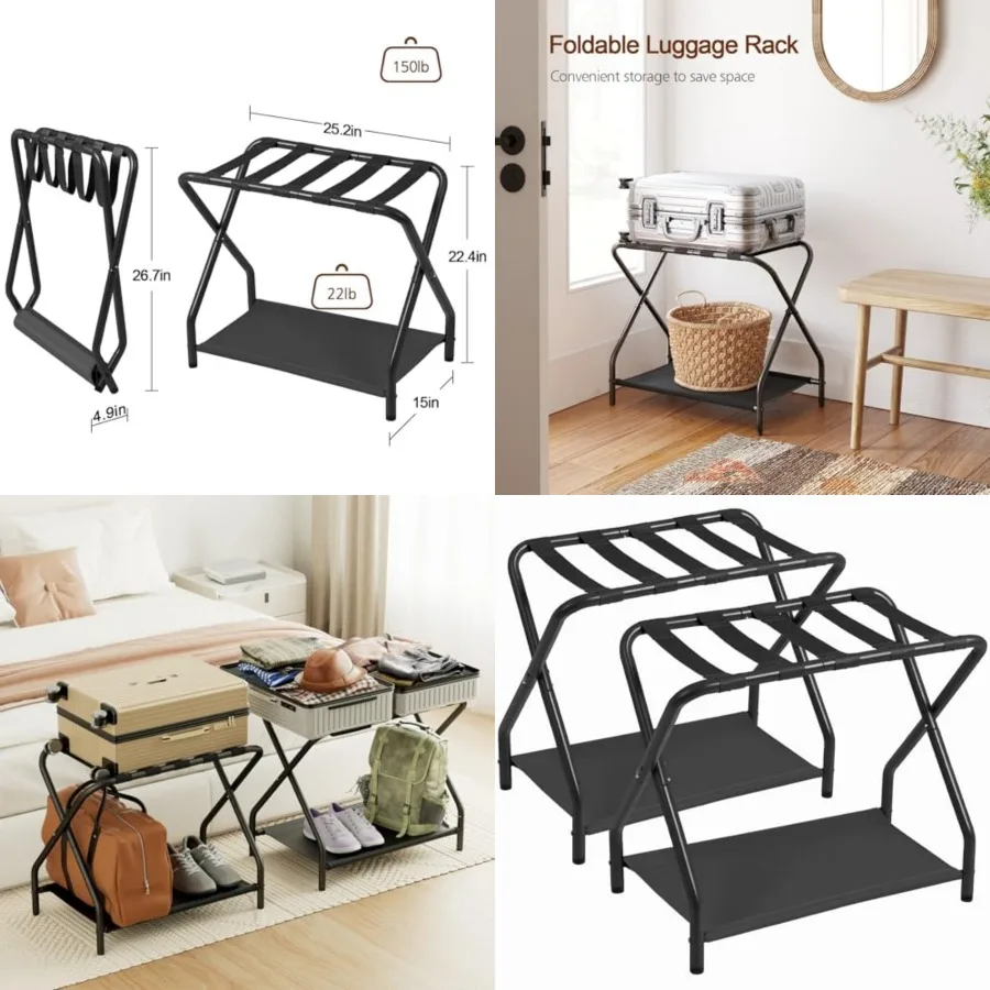 

Luggage Rack, Set of 2, Foldable Suitcase Stands for Guest Room, Metal Luggage Holder with Storage Shelf for Bedroom, Hotel, Ea