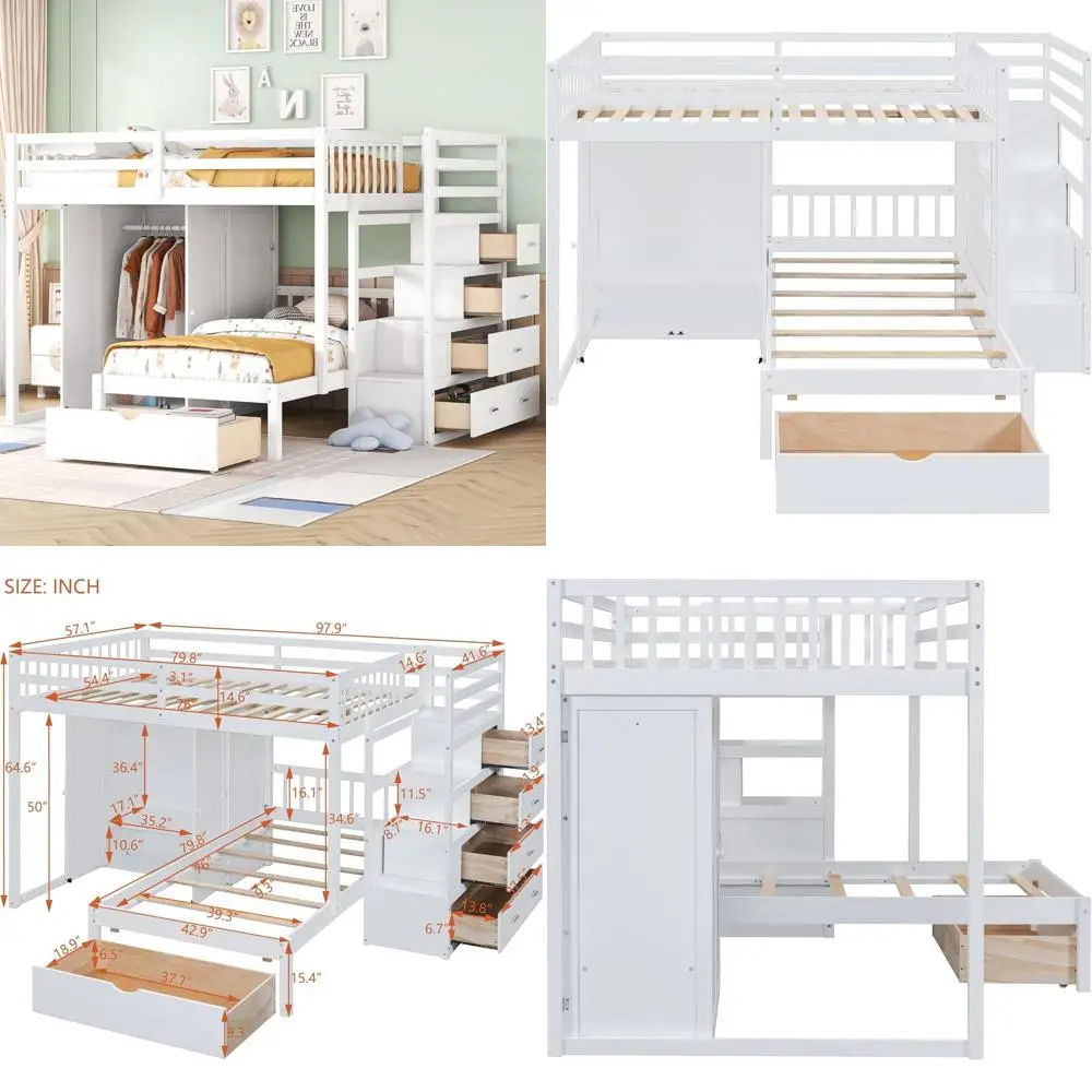 

Белая L-образная двухъярусная кровать с лестницей для хранения, шкафом и защитными перилами для детей и взрослых