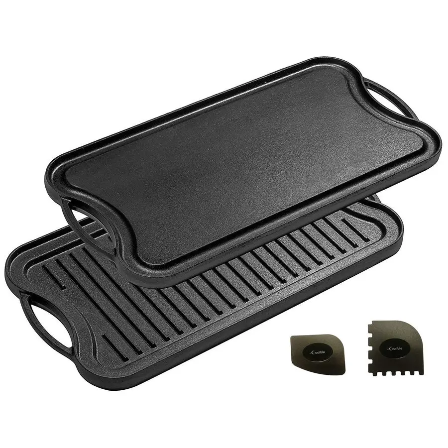 

Iron Griddle 20 by 10, Reversible, PreSeasoned, Grill and Griddle Combo Pan, BBQ, Campfire, fits over two stovetop burners