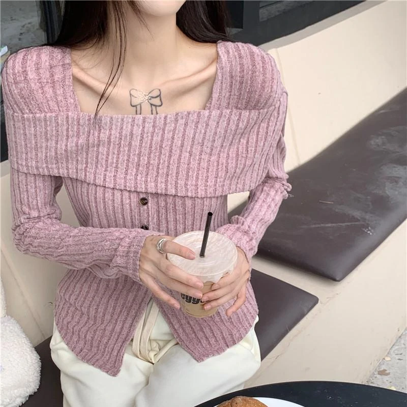 Slash Neck Pullovers Women Slim Gentle All-match Square Collar Chic Design Spliced Spring Autumn Tops Elegant Ulzzang Streetwear