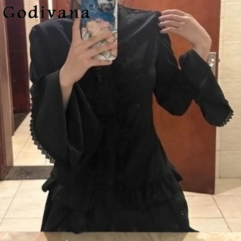 

Japanese Subculture Gothic Punk Temperament Stand-up Collar Versatile Shirt Girl Summer Lace Ruffles Flare Sleeve Elegant Top