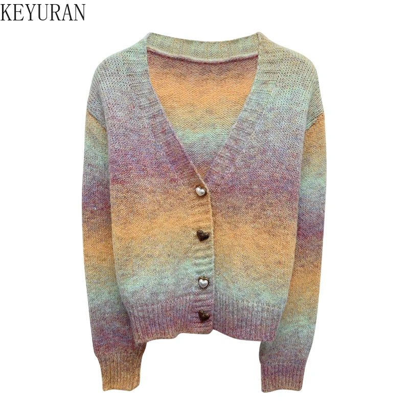 2024 New Autumn Winter Rainbow Gradient Mohair Sweater Coat Women Korean Fashion Chic V-Neck Long Sleeve Knitted Cardigan Jacket