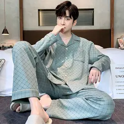 Autumn Long-sleeved Men's Pajamas Cotton Cardigans Sleepwear Spring Autumn Young and Middle-aged Plaid V-neck Loose Loungewear