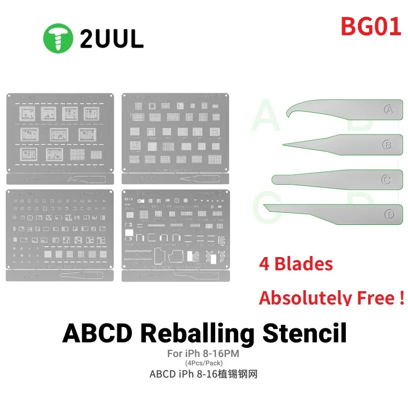

2UUL BG01 ABCD Набор трафаретов для реболлинга (4 шт.) Лезвие для удаления клея для iPhone 8-16 Pro Max Все модели IC/Жордый привод Ремонт чипов